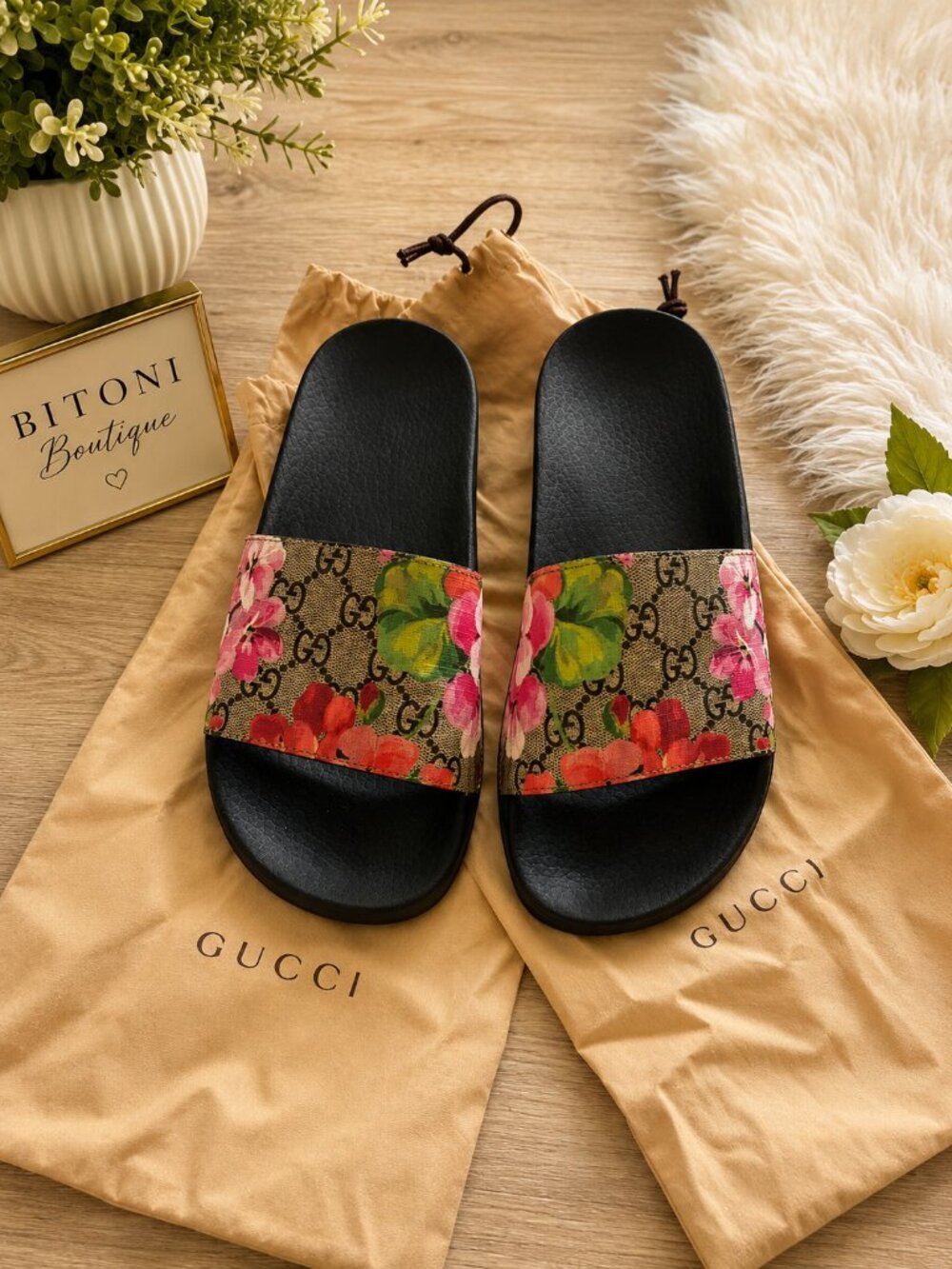 Authentic Gucci GG Blooms Floral Slide Sandals | Women's Size 7 (EU 37) | Dust B - Picture 2 of 6